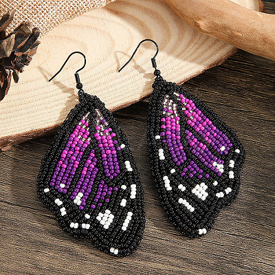 Bohemian Style Green Butterfly Wing Glass Bead Handmade Dangle Earrings FV2215-1