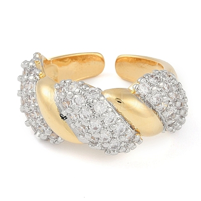 Twist Brass Micro Pave Clear Cubic Zirconia Open Cuff Ring for Women RJEW-Q819-02G-1
