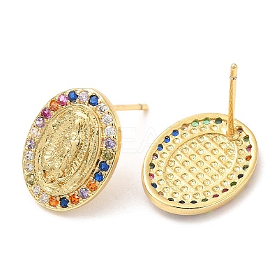 Rack Plating Brass Oval with Virgin Mary Stud Earrings with Colorful Cubic Zirconia EJEW-A103-04G-1