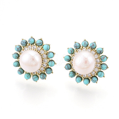 Flower Brass Natural Pearl Stud Earrings PEAR-N020-05Y-1