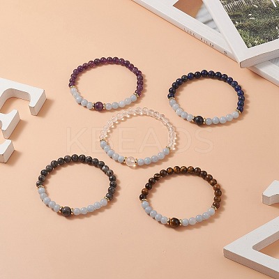 Natural Aquamarine & Mixed Gemstone Round Stretch Bracelet for Women BJEW-JB09270-1