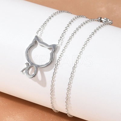304 Stainless Steel Cat Outline Pendant Necklaces for Women NJEW-F339-03P-1