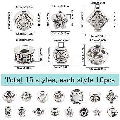 150Pcs 15 Styles Tibetan Style Alloy Beads FIND-SC0009-56-1