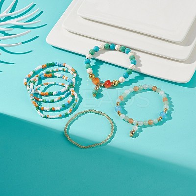 7Pcs 7 Style Natural Dyed Malaysia Jade & Agate & Glass Seed Beaded Stretch Bracelets Set BJEW-JB08892-01-1