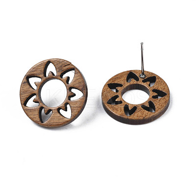 Donut with Flower Walnut Wood Stud Earrings with 316 Stainless Steel Pin for Women EJEW-N017-007-1