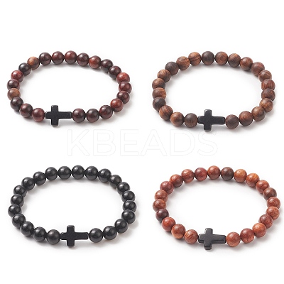 Natural Wood & Synthetic Turquoise Beaded Stretch Bracelet for Men Women BJEW-JB09291-1
