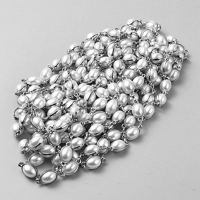Plastic Imitation Pearl Oval Link Bracelet LCHA-WH0001-04-1
