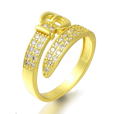 Rack Plating Belt Shape Brass Micro Pave Clear Cubic Zirconia Open Cuff Rings for Women RJEW-H232-02G-1