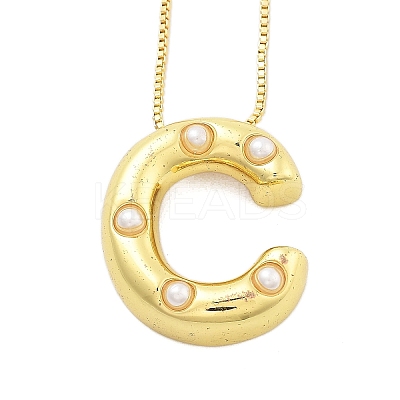 Brass & Plastic Pearl Letter Pendant Box Chain Necklaces for Women NJEW-U017-01G-03-1