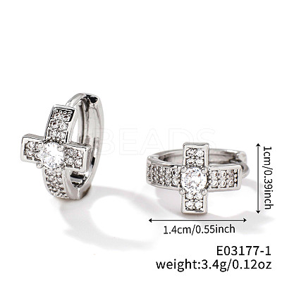 Elegant Cross Brass Pave Clear Cubic Zirconia Hoop Earrings HU5672-1-1