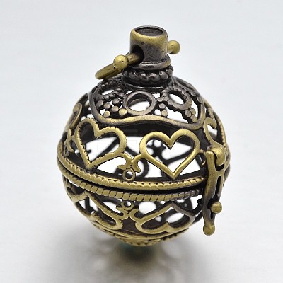 Round with Heart Brass Hollow Cage Pendants KK-P026-08AB-NR-1