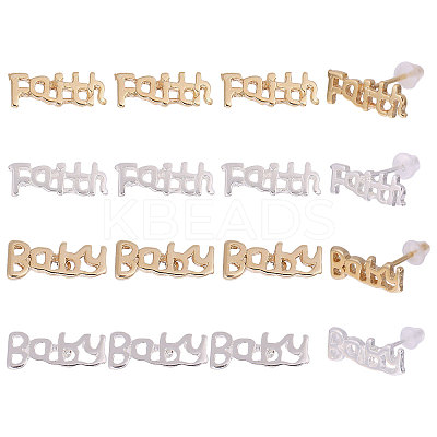 16Pcs 4 Style Brass Word Faith & Baby Stud Earrings for Women KK-CA0002-44-1