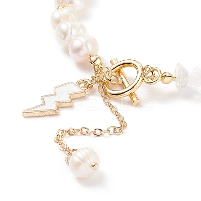 Natural Mixed Stone Chips & Pearl Beaded Bracelet with Enamel Lighting Bolt Charms BJEW-JB08332-M-1