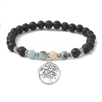 Natural Lava Rock & Natural Flower Amazonite Gemstone Round Beaded Stretch Bracelet BJEW-JB09767-04-1