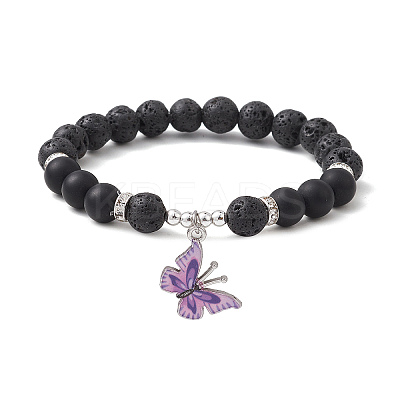 Natural Lava Rock & Black Agate Round Beaded Stretch Bracelet BJEW-JB10010-1