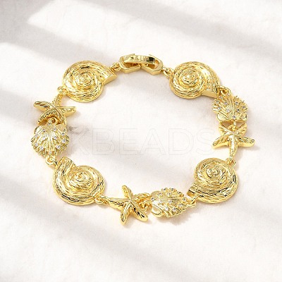 Summer Beach Brass Micro Pave Clear Cubic Zirconia Starfish & Shell Shape Link Chain Bracelets BJEW-C118-02A-G-1