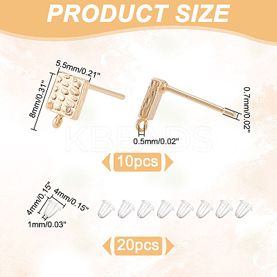 10Pcs Square Brass Cubic Zirconia Stud Earring Findings KK-AR0004-03-1
