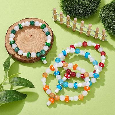Lampwork Beaded Stretch Bracelet with Resin Mushroom Charms BJEW-JB09570-1