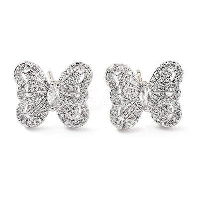 Butterfly Rack Plating Brass Micro Pave Clear Cubic Zirconia Stud Earrings for Women KK-Z038-17P-1