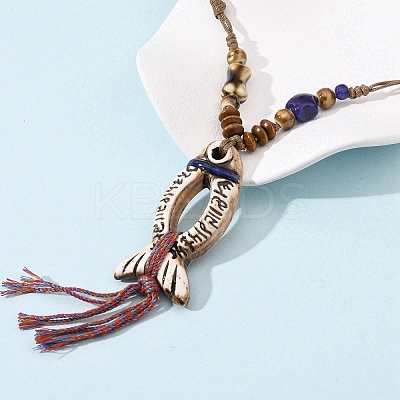 Ceramic Fish Pendant Adjustable Waxed Cord Necklaces for Women NJEW-B146-06-1