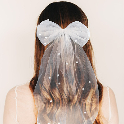 2Pcs 2 Colors Bowknot Long Mesh Tulle Bridal Veils with Hair Barrettes & Imitation Pearl OHAR-GO0001-10-1