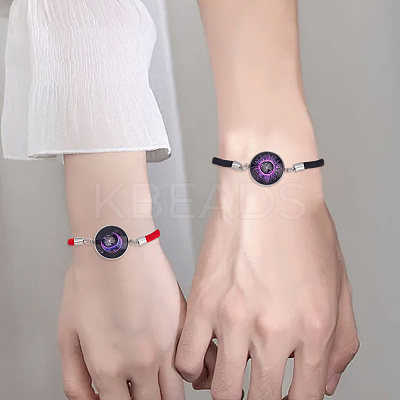 1 Set 2Pcs Valentine's Day Luminous 304 Stainless Steel Glass Flat Round Link Bracelet Sets BJEW-LP0001-35B-1