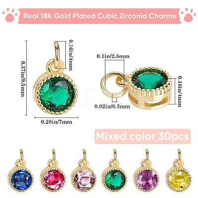 30Pcs Real 18K Gold Plated Brass with Single Cubic Zirconia Charms ZIRC-BBC0002-92-1