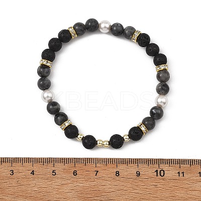 3Pcs 3 Styles Natural Lava Rock & Larvikite & Shell Pearl Beaded Stretch Bracelets for Kids BJEW-JB14097-1