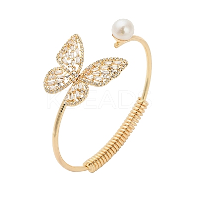 Butterfly Brass Micro Pave Clear Cubic Zirconia Cuff Bangles for Women LS-BJEW-B145-06G-1