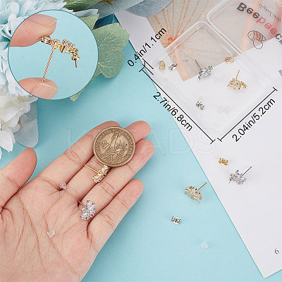 4 Pairs 4 Style Brass Cubic Zirconia Flower Stud Earring Findings EJEW-BBC0001-14-1