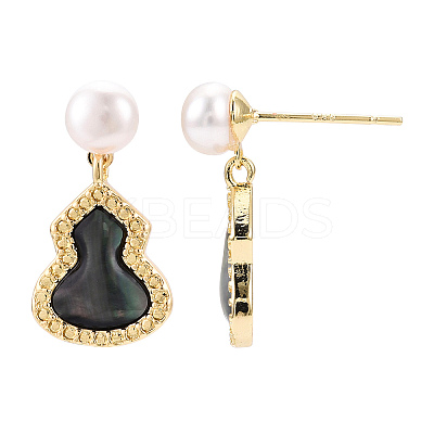 Gourd Natural Black Lip Shell & Pearl Dangle Stud Earrings PEAR-N020-05R-1