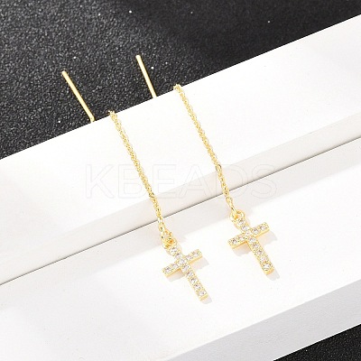 Cross Brass Micro Pave Clear Cubic Zirconia Ear Thread EJEW-H182-14G-1