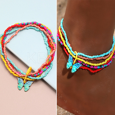 Bohemian Resin & Glass Seed Beaded Stretch Multi-Layered Anklet Sets WG187EB-04-1