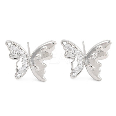 Butterfly Brass Pave Clear Cubic Zirconia Stud Earrings for Women EJEW-S216-03P-1