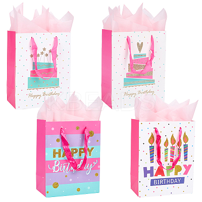 4Pcs 4 Colors Birthday Theme Printed Rectangle Paper Bags with Ribbon Handle ABAG-SP0001-21-1