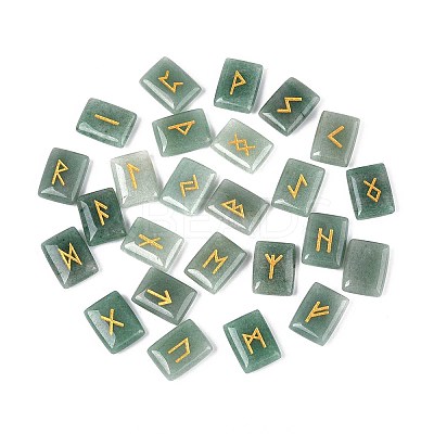 25Pcs Rectangle Natural Green Aventurine Rune Stones with Elder Futhark Alphabet Engraved G-T142-36-1