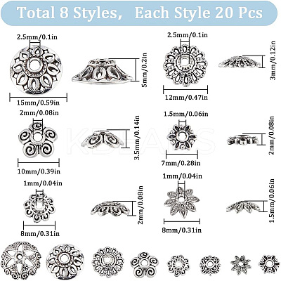 160Pcs 8 Style Tibetan Style Alloy Flower Bead Caps FIND-SC0008-74-1