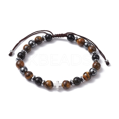 Natural Tiger Eye & Obsidian Round & Brass Cross Braided Bead Bracelets BJEW-JB09704-01-1