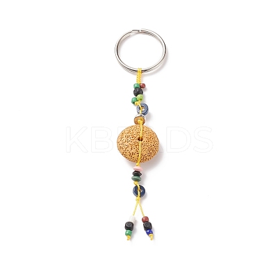 Flat Round Natural Lava Rock Beads Keychain KEYC-O011-08-1