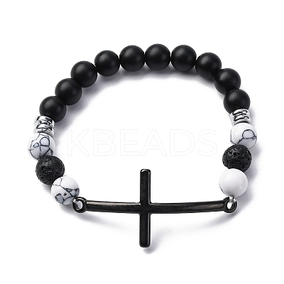 Round Natural Black Agate & Lava Rock & Synthetic Howlite Bead Stretch Bracelets BJEW-F493-04EB-01-1