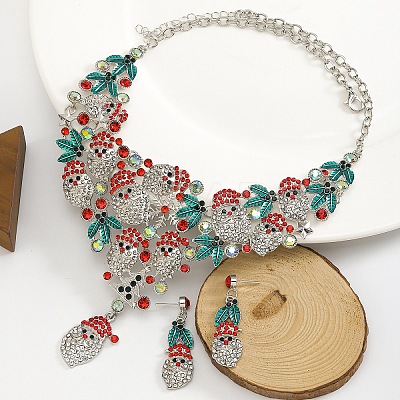 Christmas Santa Claus & Leaf Alloy Rhinestone Pendant Necklace & Stud Dangle Earrings Sets WGF6AE0-03-1