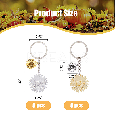 16Pcs 2 Colors Sunflower Alloy Pendant Keychain KEYC-FH0001-34-1