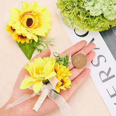 2Pcs Artificial Silk Sunflower Boutonniere Brooch JEWB-CP0001-01-1