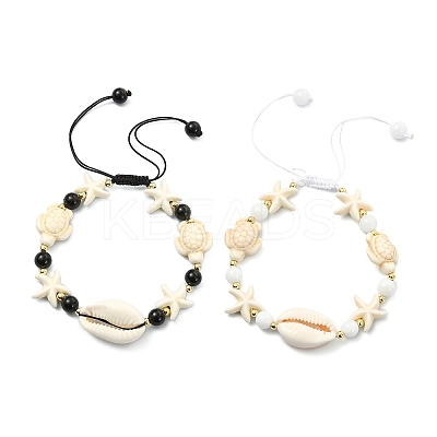 2Pcs Natural Cowrie Shell & Black Tourmaline & Malaysia Jade Beads & Synthetic Turquoise Beaded Adjustable Bracelets Set for Women BJEW-JB13917-1