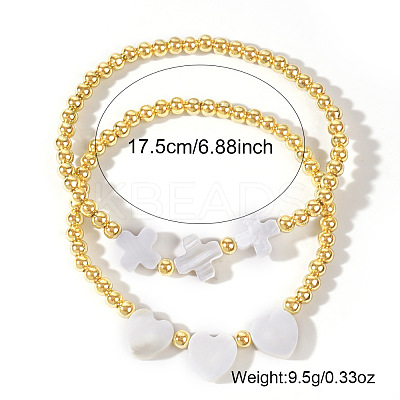 2Pcs 2 Styles European Cross Heart Natural Shell and Brass Round Beaded Stretch Bracelet Sets AC5817-1-1