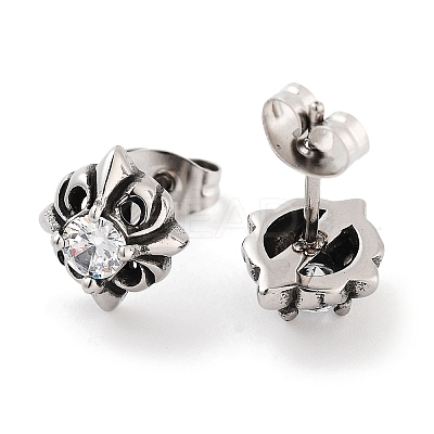Flower 316 Surgical Stainless Steel Pave Clear Cubic Zirconia Stud Earrings for Women Men EJEW-Z050-20AS-1