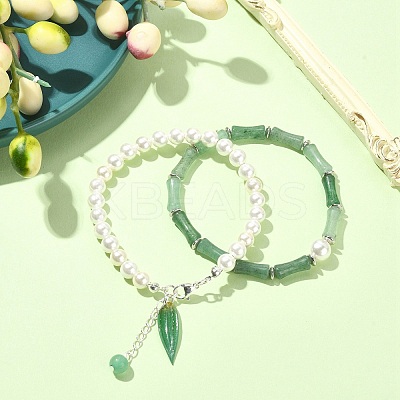 2Pcs 2 Style Natural Green Aventurine Bamboo & Shell Pearl Beaded Stretch Bracelets Set BJEW-TA00309-1