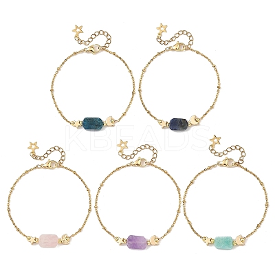 Natural Mixed Stone Rectangle & Moon Star Brass Beaded Bracelets BJEW-JB14231-1