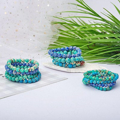 3Pcs 3 Size Synthetic Imperial Jasper Round Beaded Stretch Bracelets Set BJEW-SW00064-34-1
