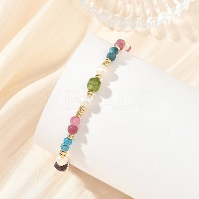 Natural Mixed Gemstone Faceted Round and Cube Beaded Bracelets with Natural Pearl & Brass End Chains BJEW-JB14336-03-1